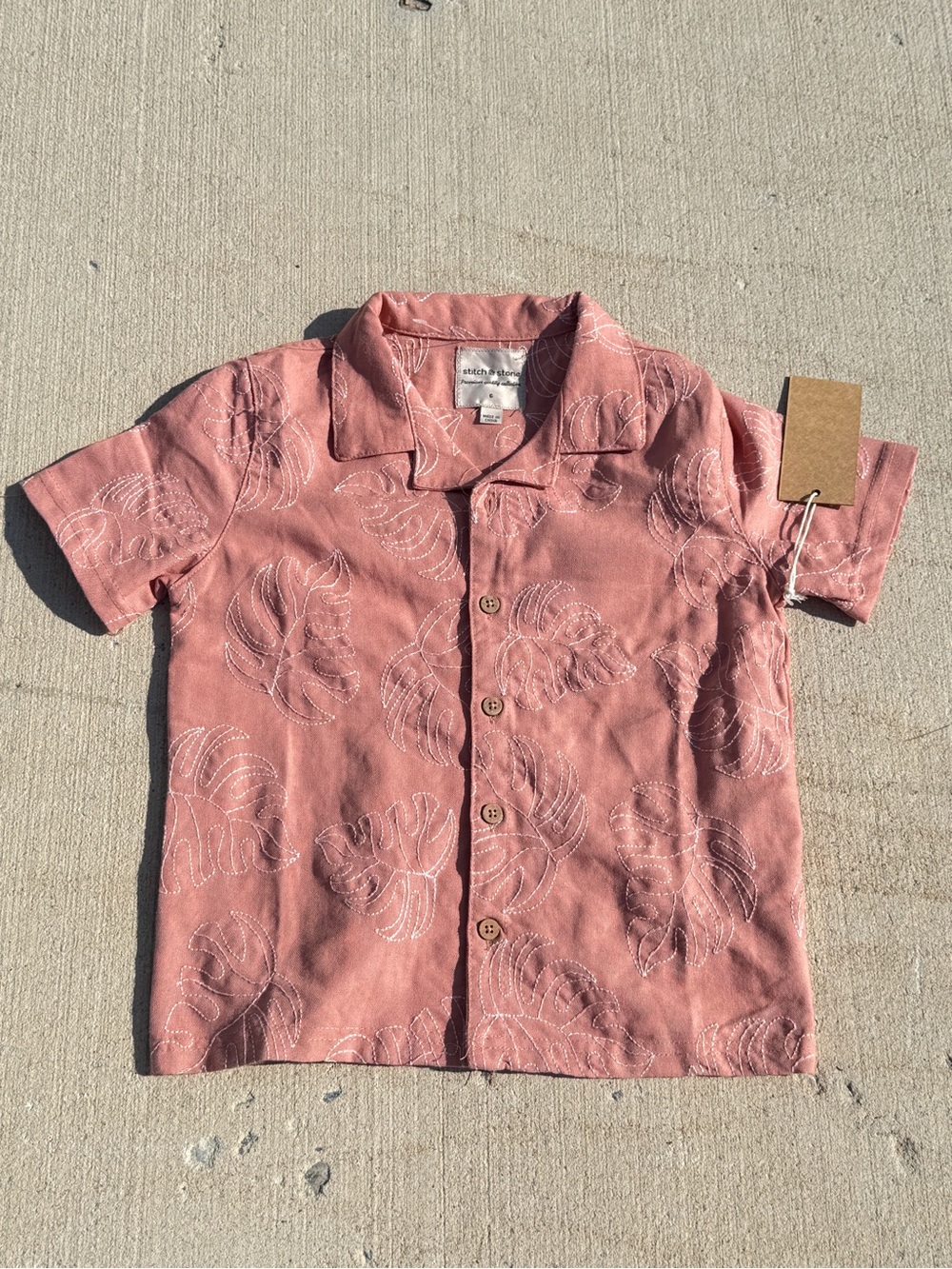 Stitch & Stone Monstera Leaf Embroidered Short Sleeve Button Up Top